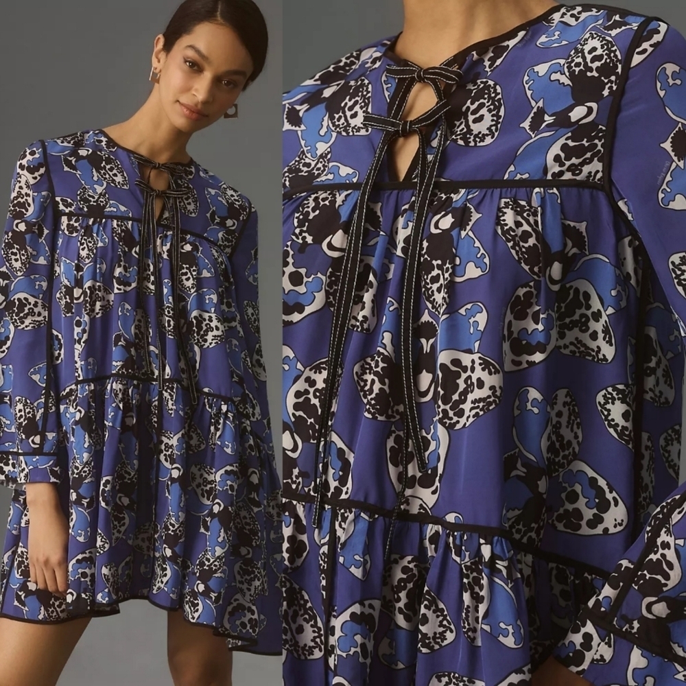 Anthropologie Dhruv Kapoor long-sleeve printed babydoll mini dress - Picture 2 of 9